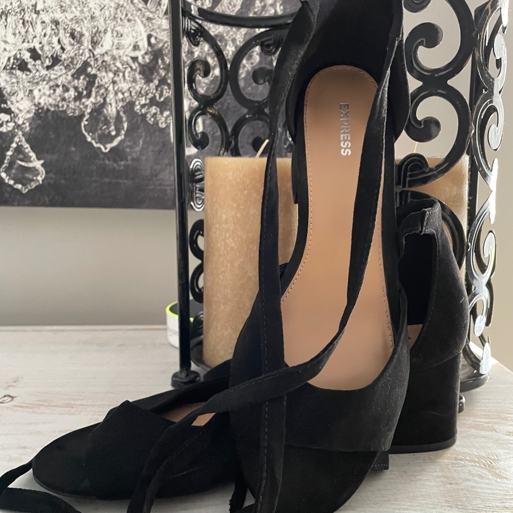 Black suede low block heel sandal